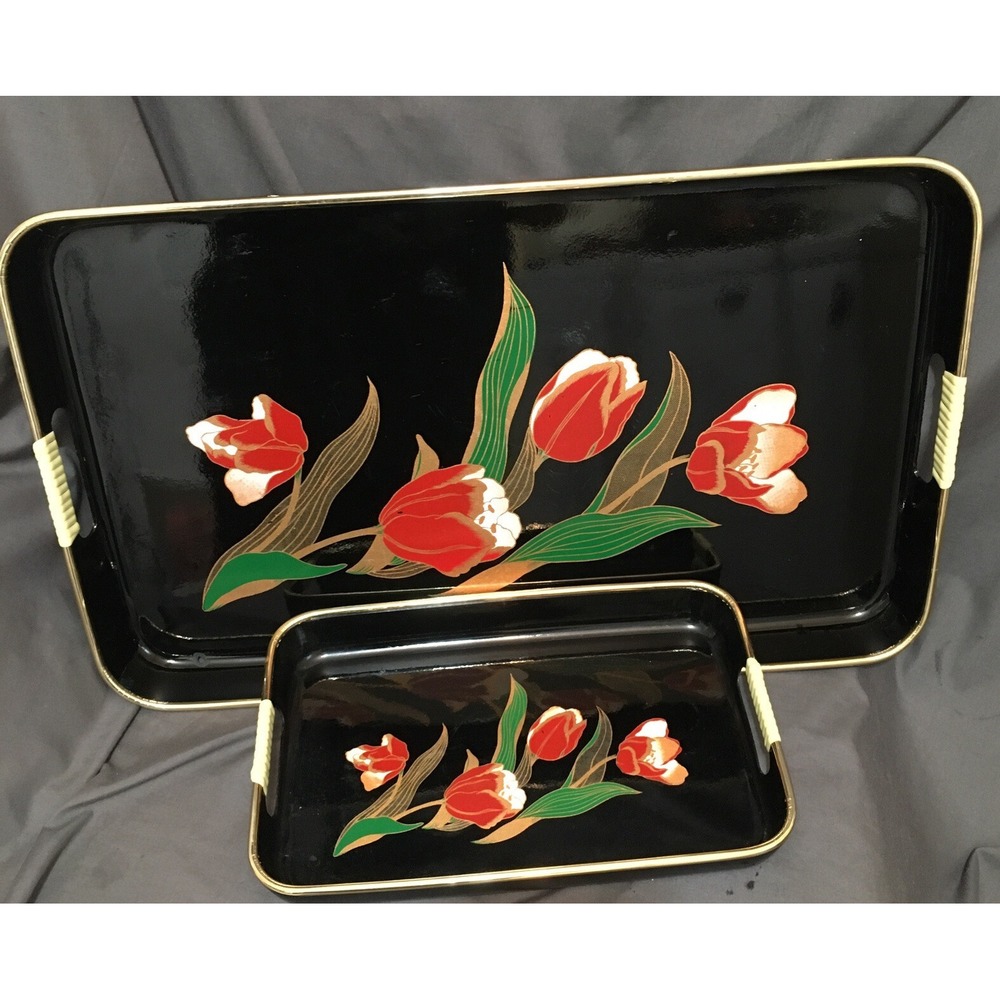 2 Vintage Asian Style Black Laquer Floral Trays‎ with Tulip Florals